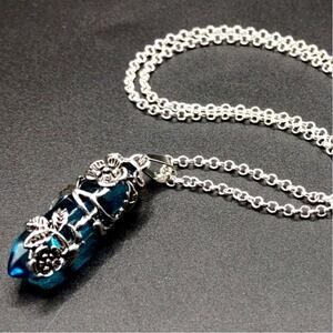 925 Silver Necklace W/ Aquamarine Crystal Boho Floral Vine Women's Vtg. Gift